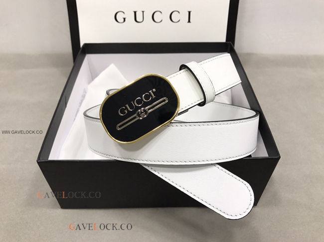 Gucci '80 Smooth White Leather Belt Gold Trim Logo Buckle
